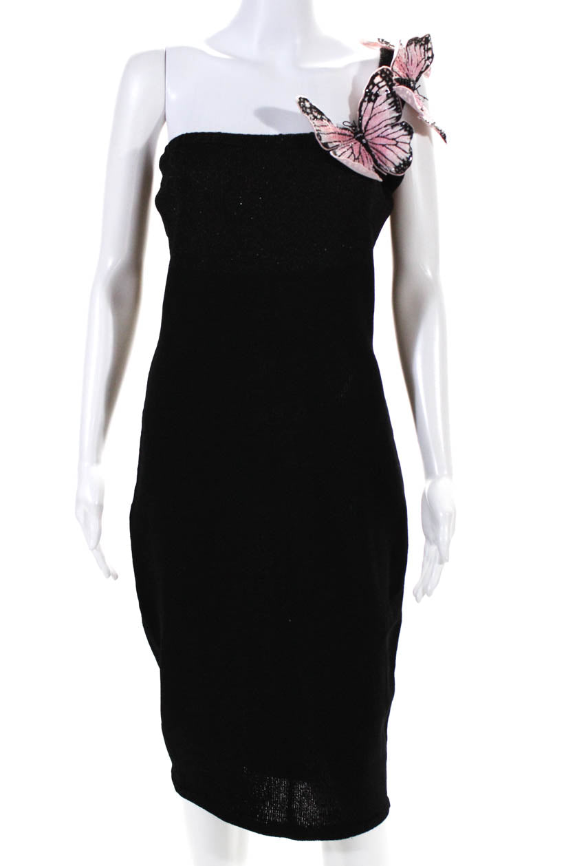 Zang Toi Damen Pailletten Perlen Schmetterling Strick One Shoulder Kleid Schwarz