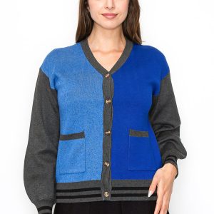 Blauer und grauer Strickjacke mit Farbblock