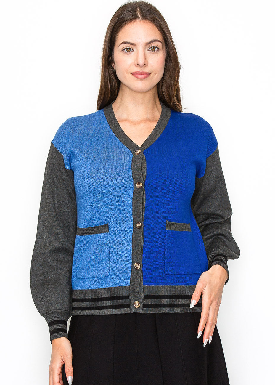 Blauer und grauer Strickjacke mit Farbblock