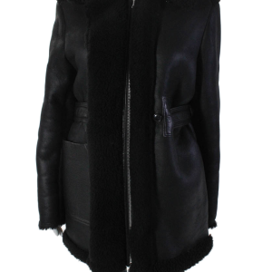 ACNE Studios Damen Leder Shearling gefüttert Doppel-Reißverschluss Mantel Schwarz