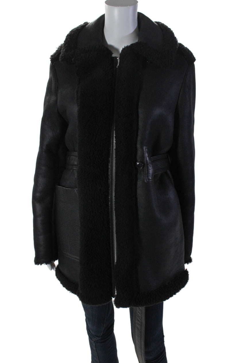ACNE Studios Damen Leder Shearling gefüttert Doppel-Reißverschluss Mantel Schwarz