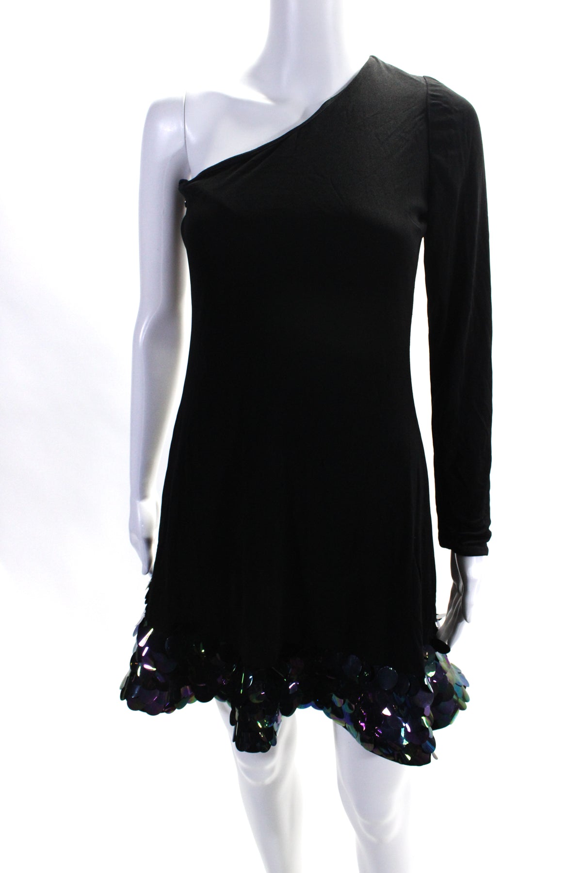 CD Greene Damen One Shoulder Langarm Pailletten Besatz Kleid Schwarz