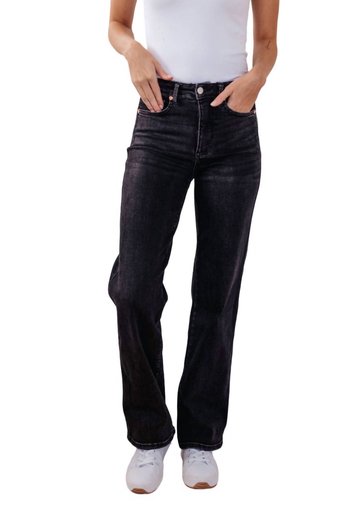 Hoher Bund Control Top Gerade Jeans in Schwarz gewaschen
