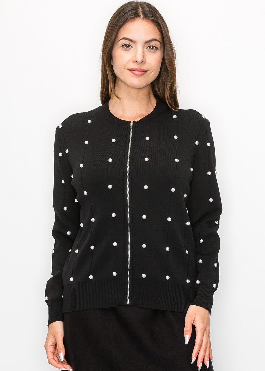 Perle Verzierte schwarze Strickjacke