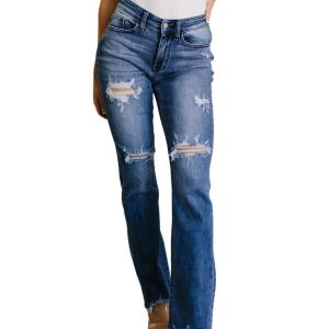 Zerstörte gerade Jeans in dunkler Waschung