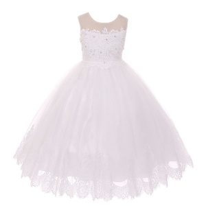 kleine Mädchen weiße Spitze Stein applique Tüll Blumenmädchen Kleid 4-6