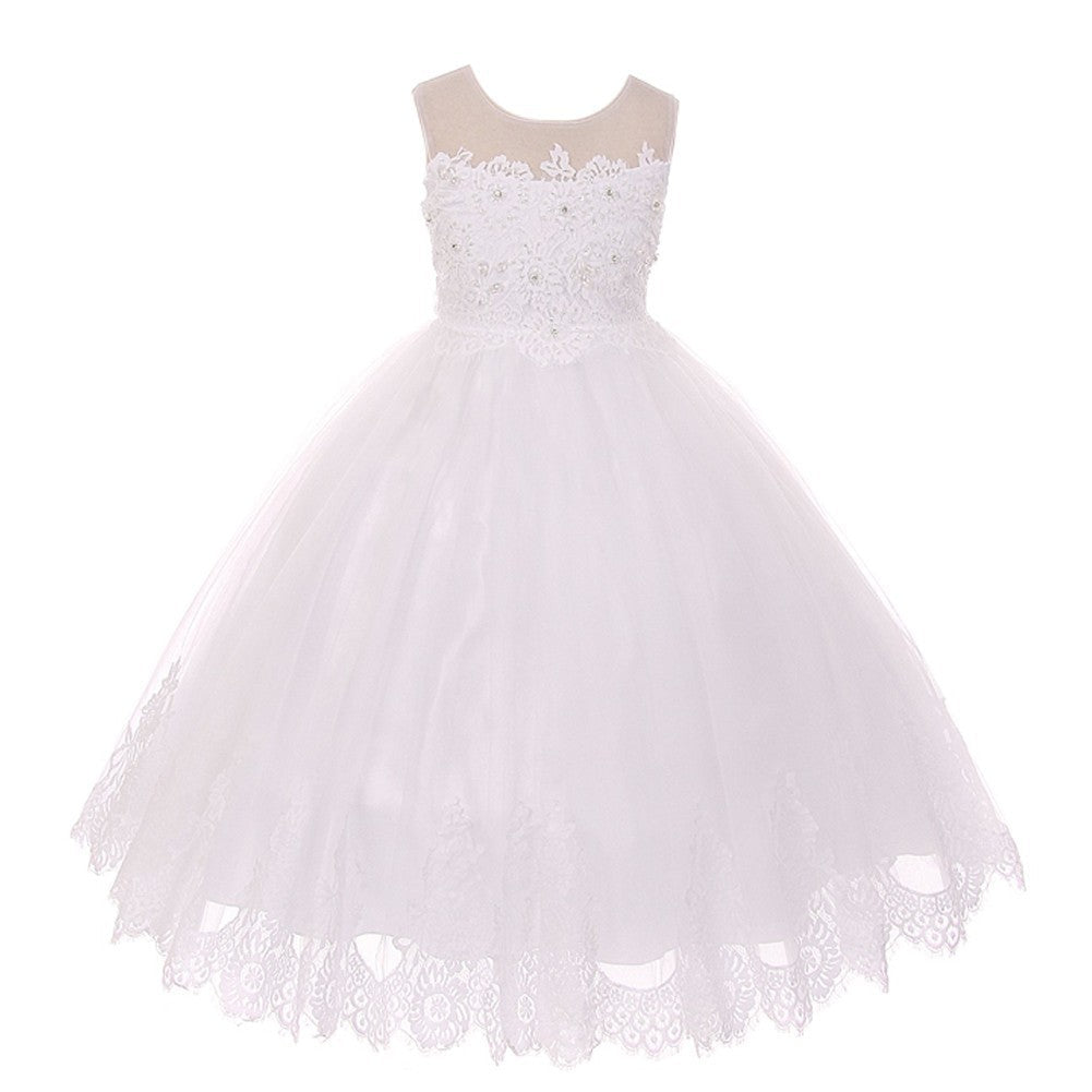 Kleine Mädchen Weiße Spitze Stein Applikation Tüll Blumenmädchen Kleid 4-6