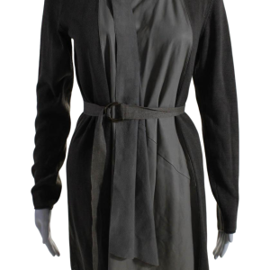 Brunello Cucinelli Damen offene vordere Leder Besatz Strick Jacke braun Leinen groß