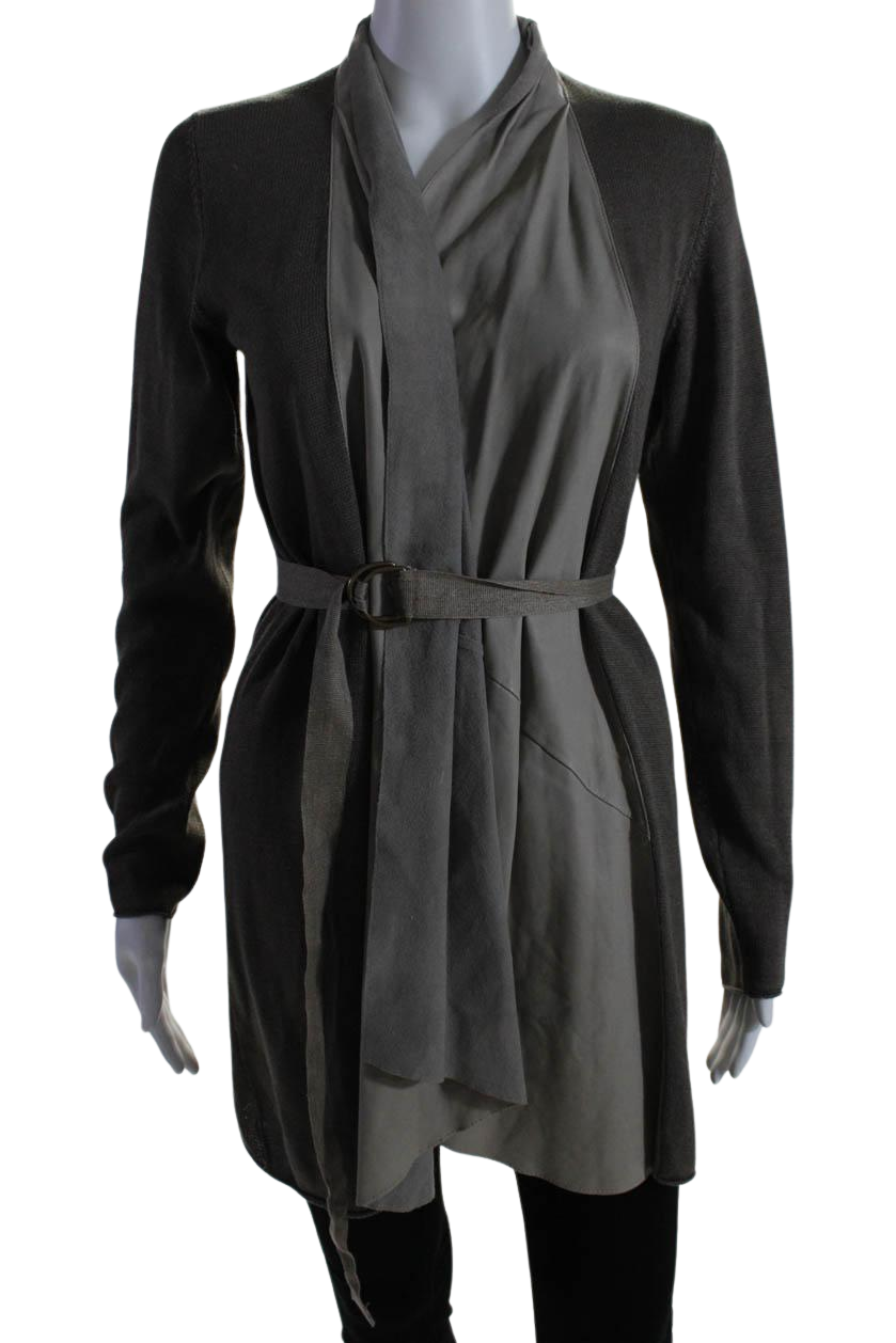 Brunello Cucinelli Damen offene vordere Leder Besatz Strick Jacke braun Leinen groß