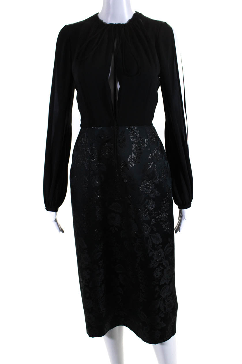 Dice Kayek Damen mit Blumenmuster Jacquard Langarm Midi Schlitz Kleid Schwarz