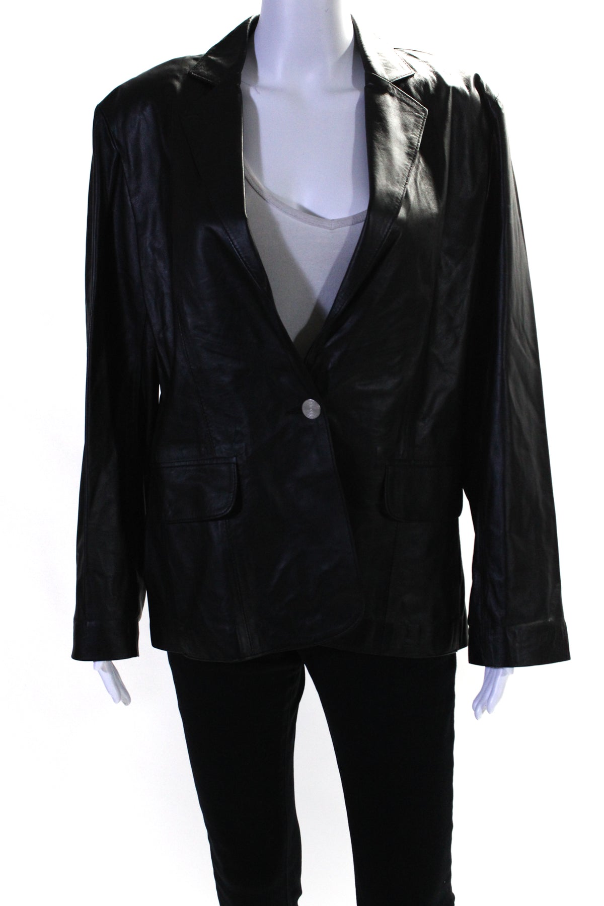In Transit 2 Damen Leder Einknopfjacke Schwarz