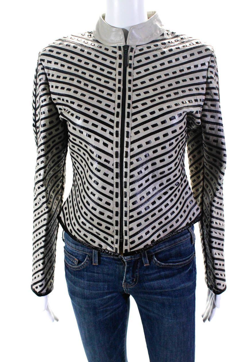 Natto Damen gewebt Leder Streifen hochgeschlossen Full zip Jacke Grau Schwarz mittel