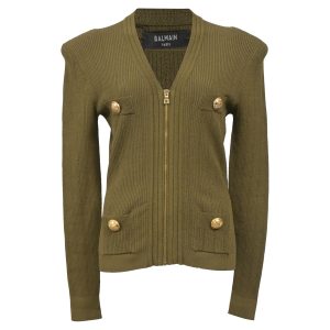 Balmain Strickjacke mit Reißverschluss aus olivgrüner Wolle