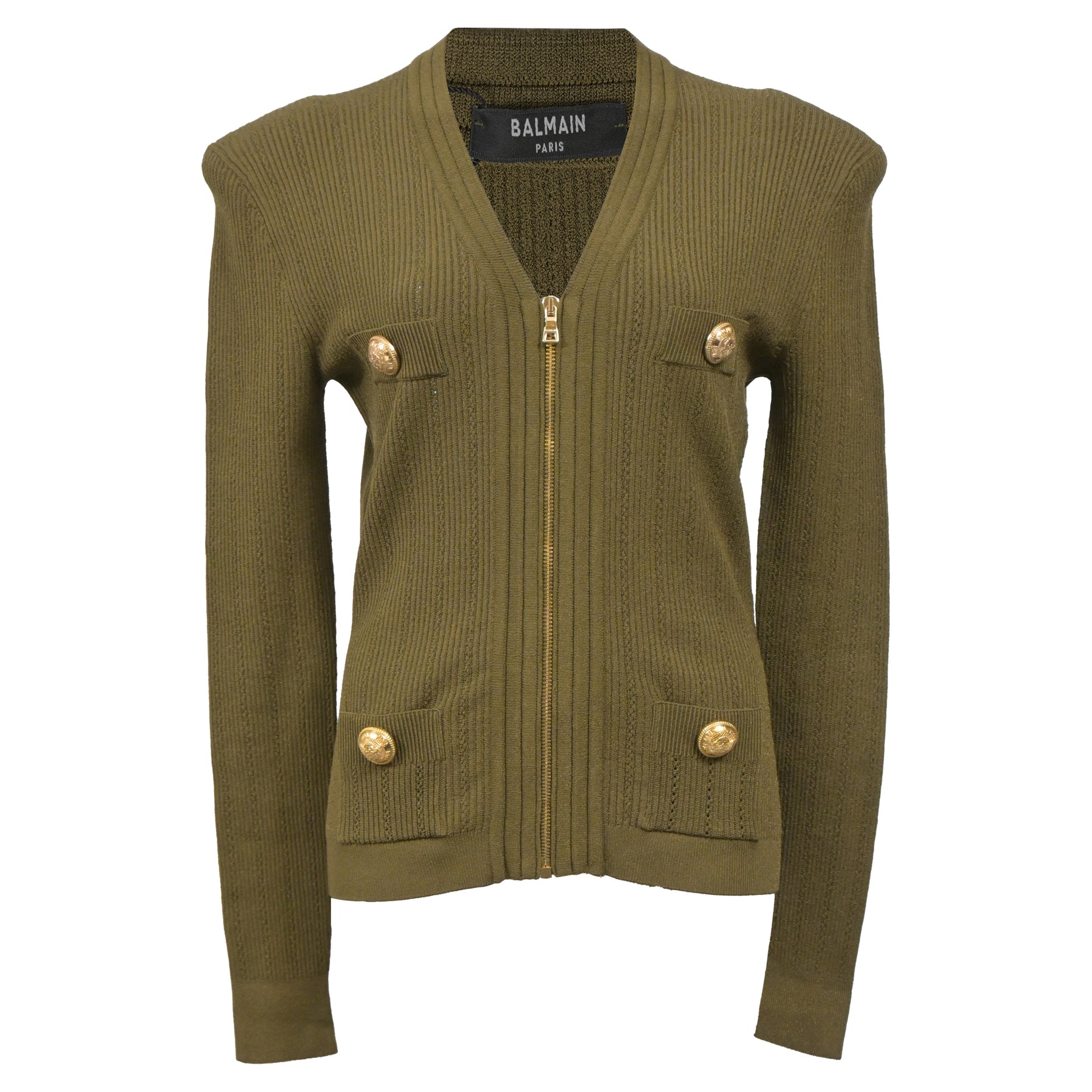 Balmain Strickjacke mit Reißverschluss aus olivgrüner Wolle