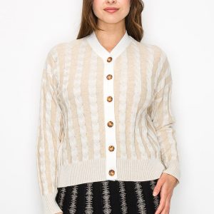 Beige Cable Strick Strickjacke mit Streifen