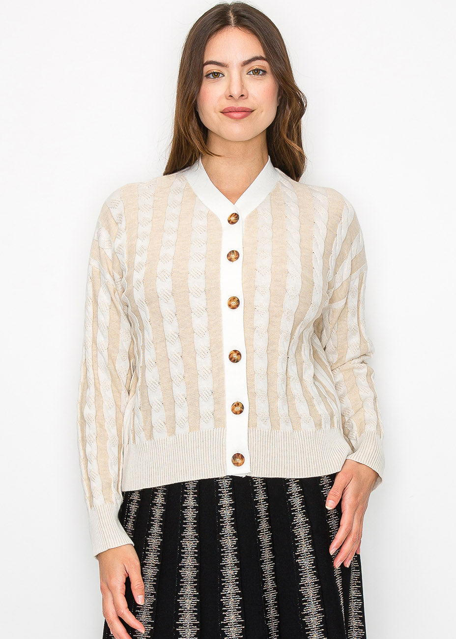 Beige Kabelstrick Streifen Strickjacke – 7833650823228