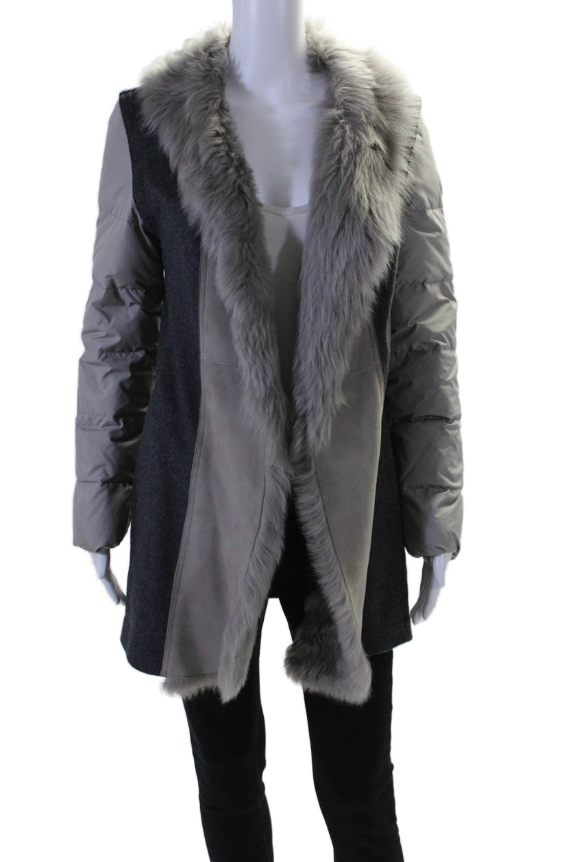 Fabiana Filippi Damen Langarm Pelz Kragen Strick Puffer Jacke Grau XS
