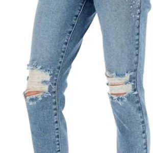 Rhinestone schmale Passform Jeans in mittlerer Waschung – 7706228949052