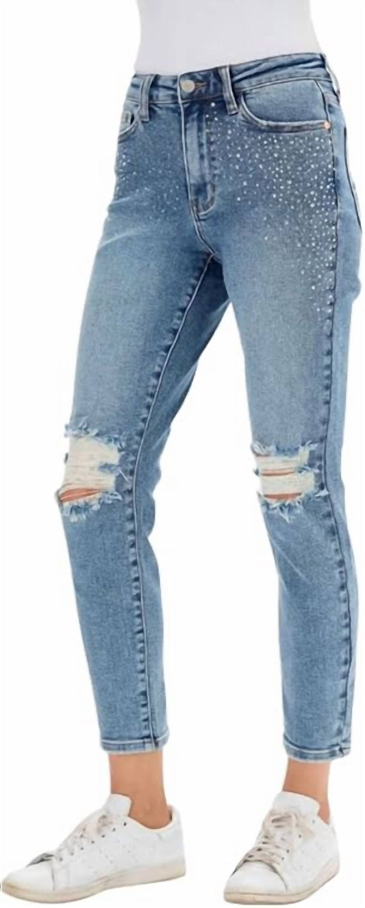 Strass schmale Passform Jeans in mittellanger Waschung