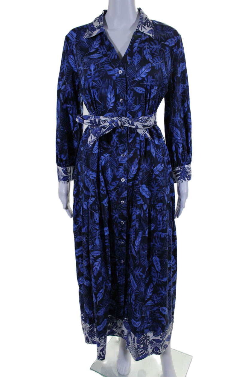 Purotattto Damen Baumwolle mit Blumenmuster Colorblock geknöpft gestaffeltes Kleid Blau