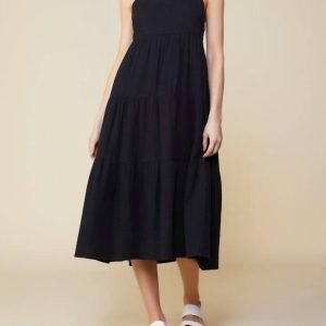 Baumwoll Kreuz zurück Midikleid in schwarz