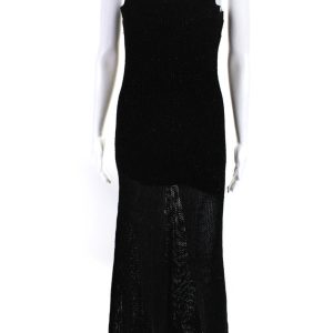 Toccin Damen Metallic offene Strick ärmellose Maxi Pullover Kleid schwarz – 7833655967804