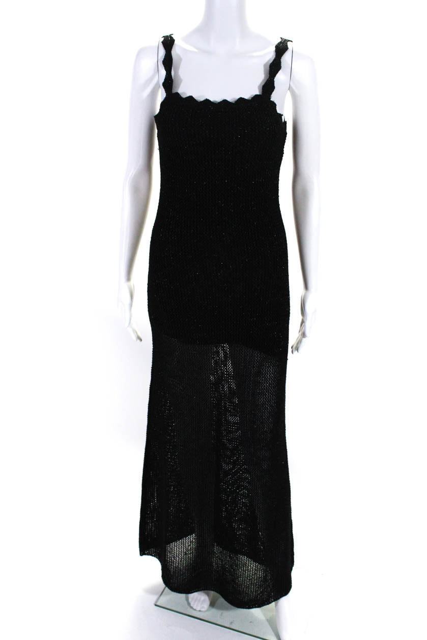 Toccin Damen Metallic Open Strick ärmellosen Maxi Pullover Kleid Schwarz