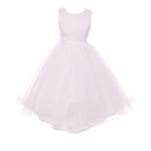 RainKids Blumenmädchenkleid für kleine Mädchen, weißes Perlen-High-Low-Satin-Tüll, 2–6