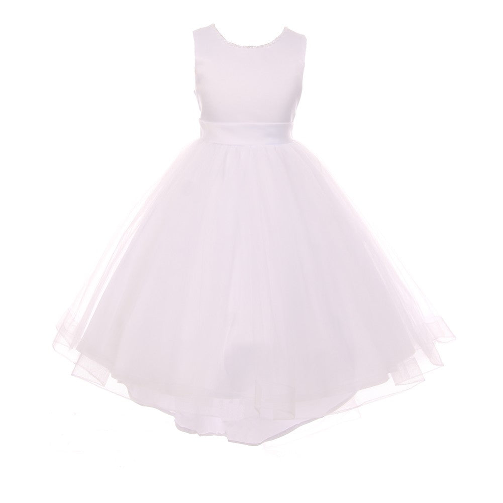 RainKids Kleine Mädchen Weiße Perle Hi-Low Satin Tüll Blumenmädchen Kleid 2-6