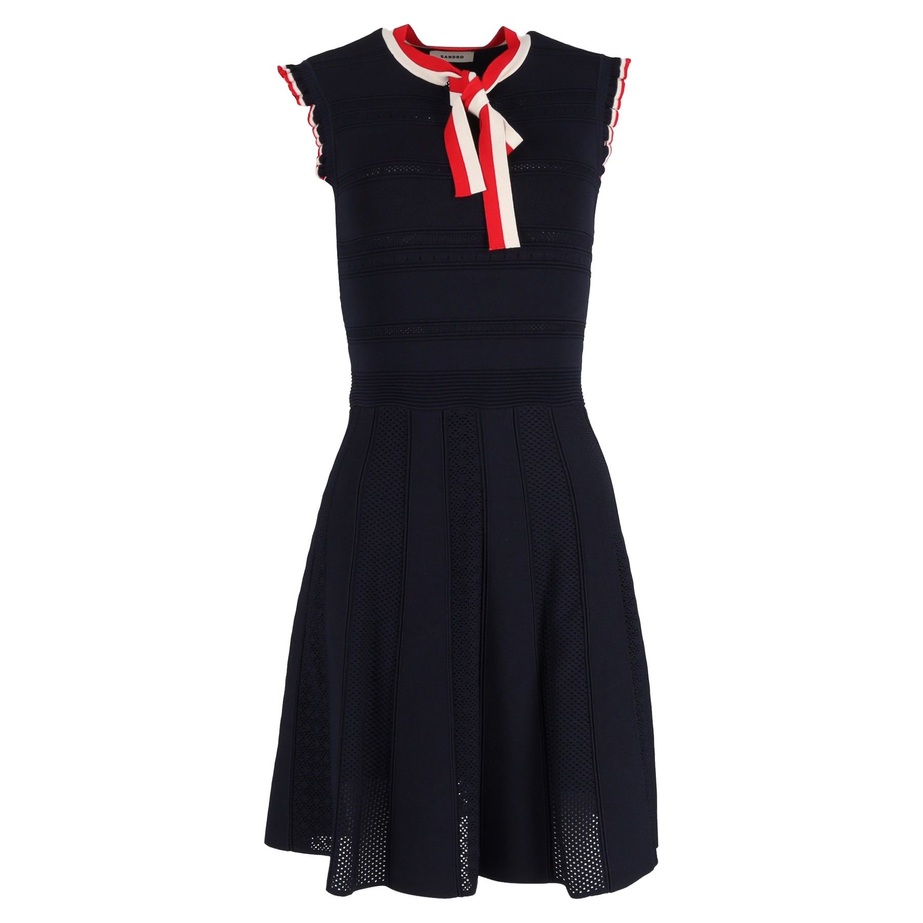 Sandro Paris Mini Fidelia Gestrickte Streifen Detail mit Band Kleid in Marineblau Viskose