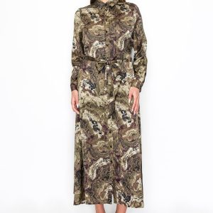 Abstrakte Oliv Swirl Belted Kleid