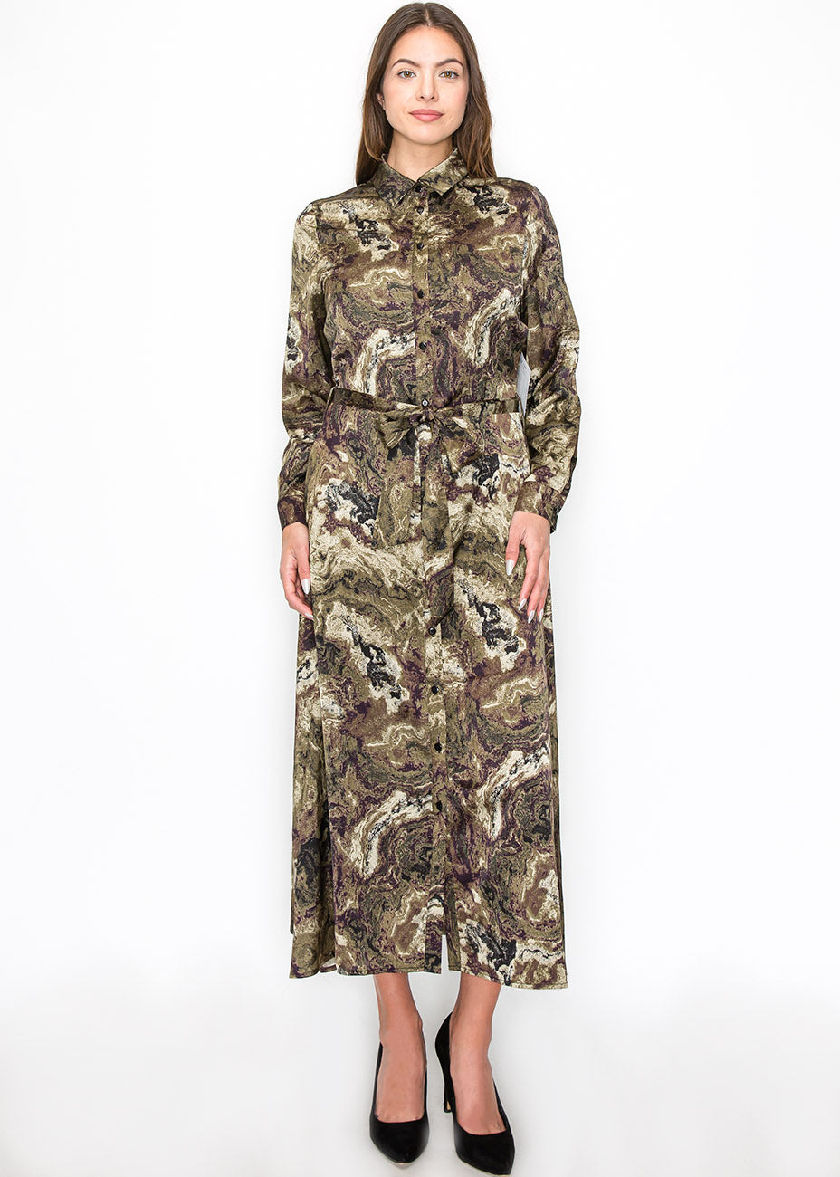 Abstrakte Oliv Swirl Belted Kleid