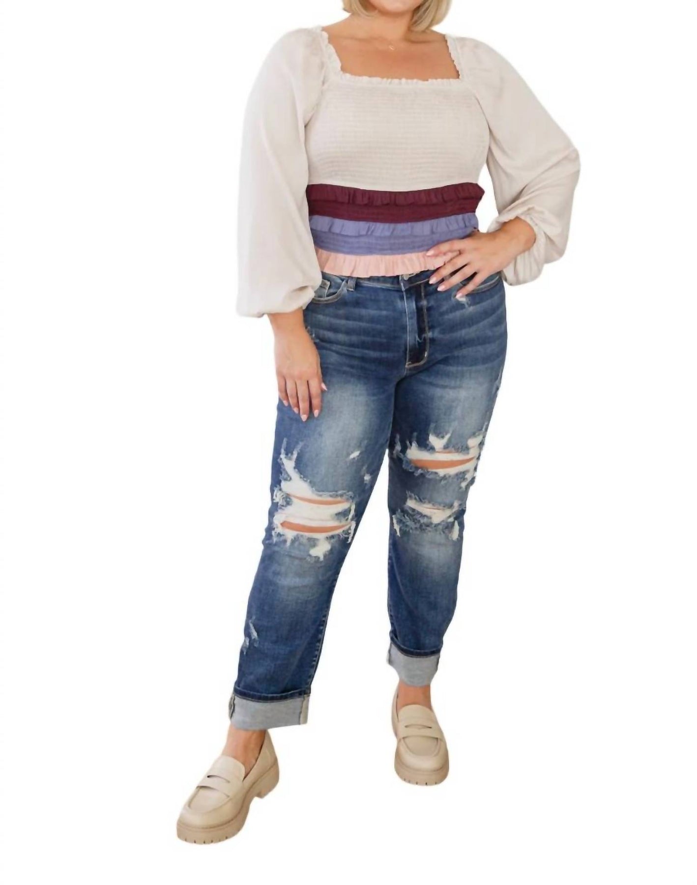Shirley Smocked Rüschen Bluse in Elfenbein Mehrfarbig