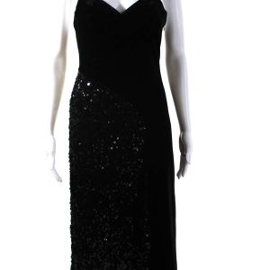 Quetsche Damen Pailletten Samt Spaghetti Gurt Midi Mantel Kleid schwarz – 7833703481404