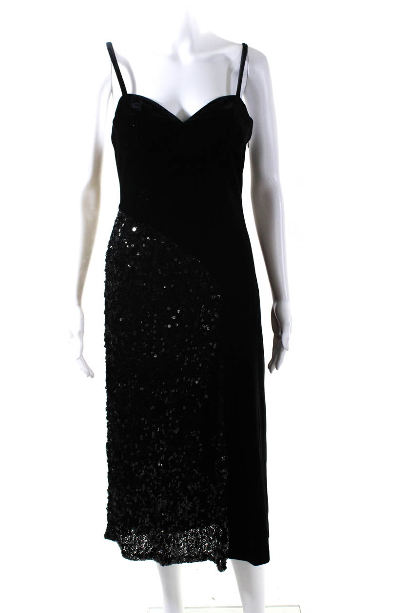 Quetsche Damen Pailletten Samt Spaghetti Strap Midi Mantel Kleid Schwarz