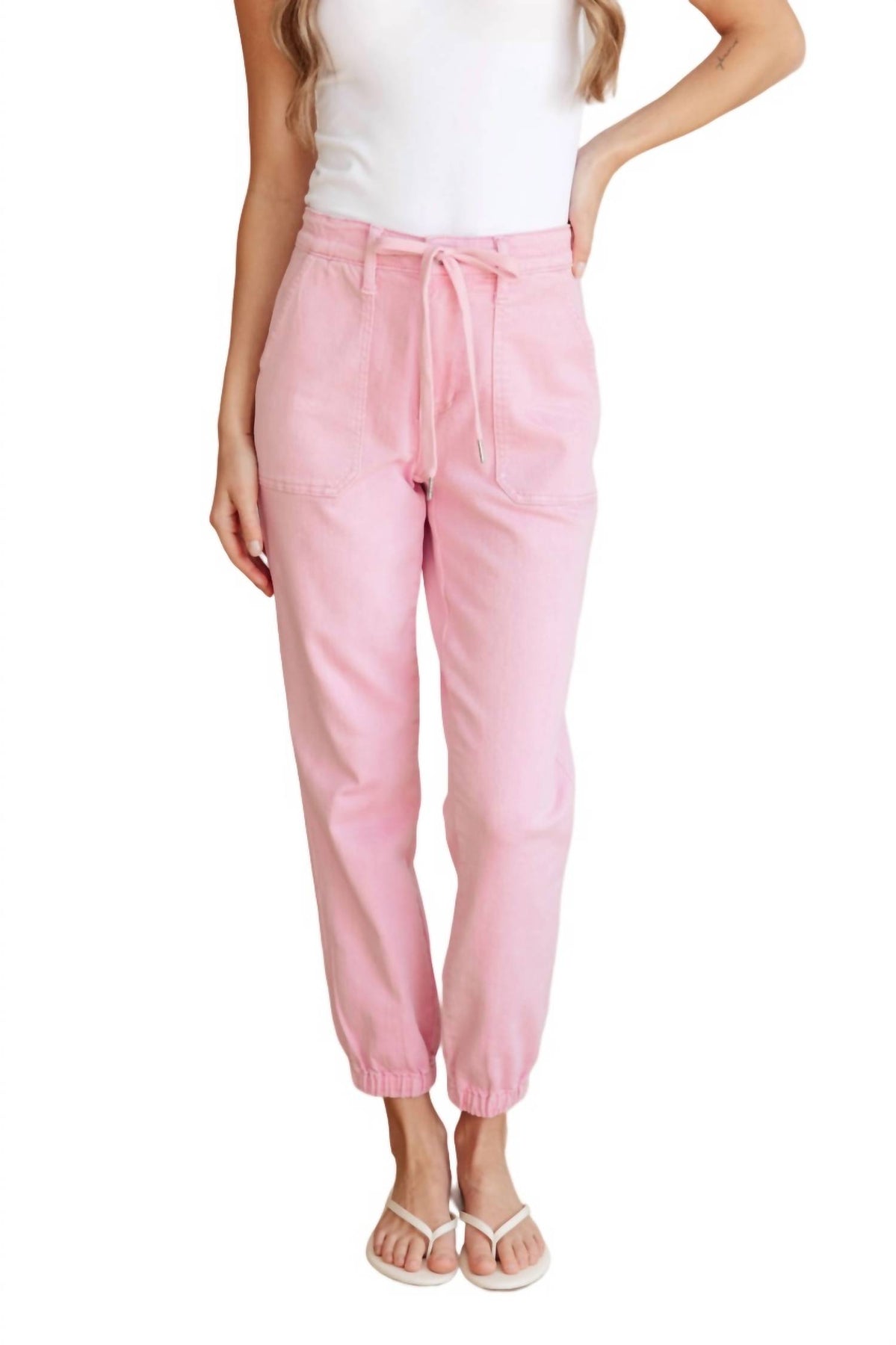 Hoher Bund Kleidung gefärbt Denim Jogger in Rosa