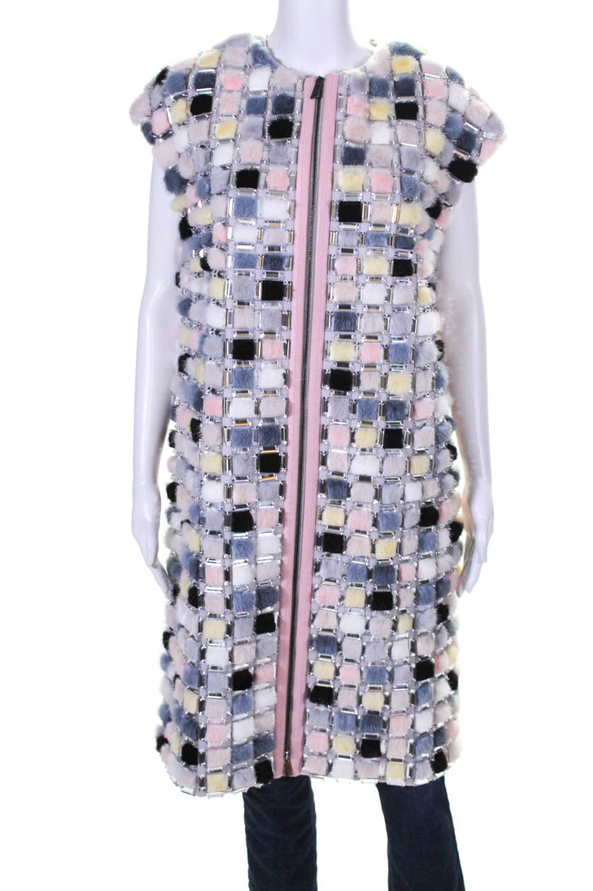 Fendi Damen ärmellose Leder Besatz Jeweled Pelz Reißverschluss Weste Rosa