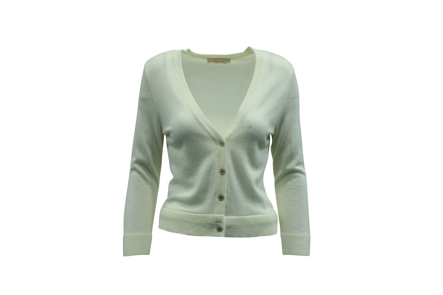 Tory Burch Strickjacke mit Logo-Knöpfen aus cremefarbener Wolle