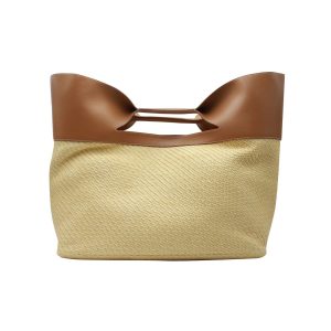 Alexander McQueen Die Bow Tragetasche aus „natürlichem“ beigefarbenem Raffia und braunem Kalbsleder