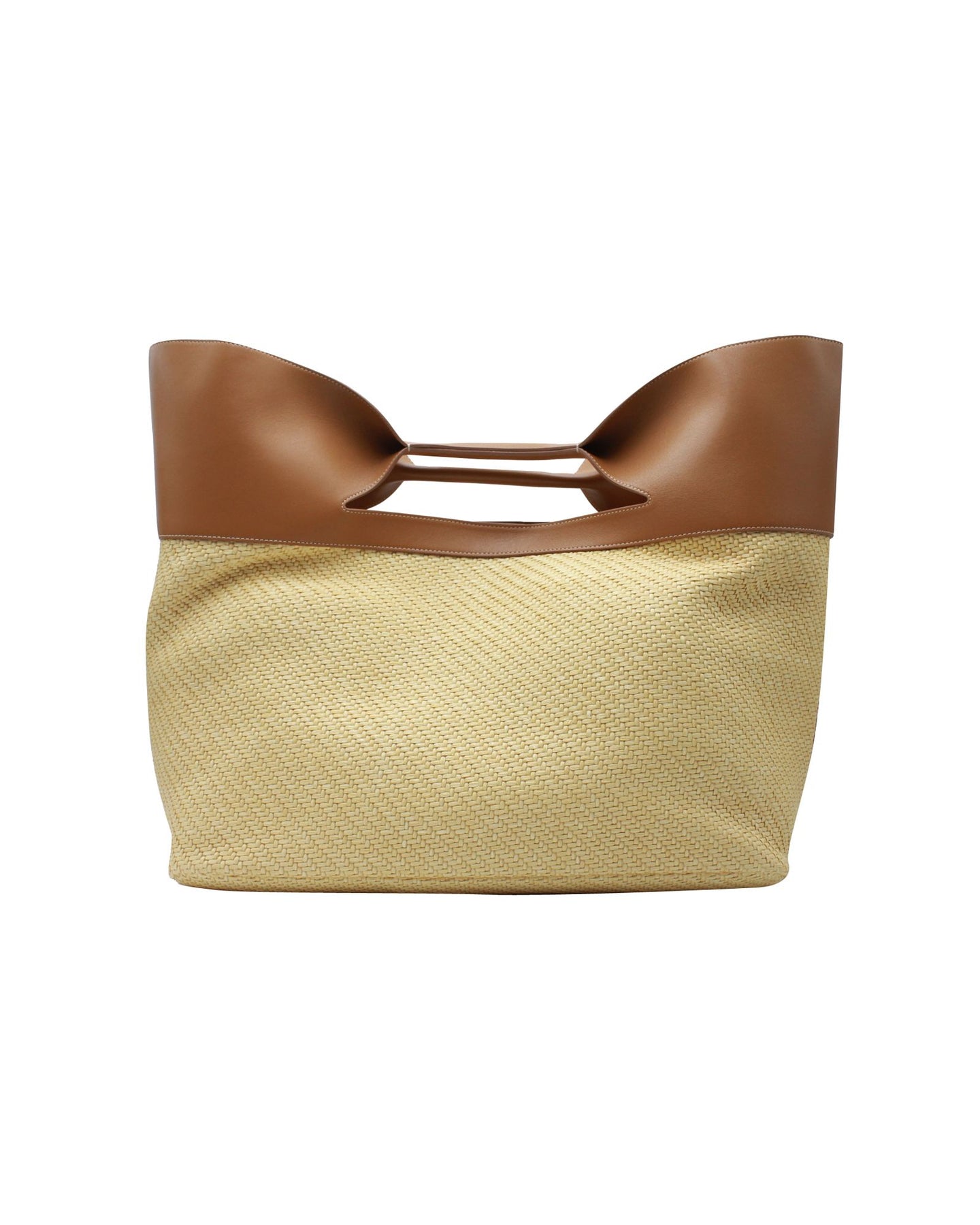 Alexander McQueen Die Bow Tragetasche aus „natürlichem“ beigefarbenem Raffia und braunem Kalbsleder