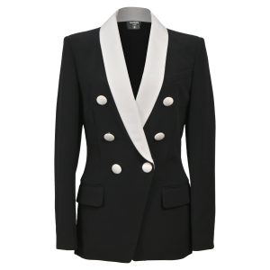 Balmain Zweireihiger Schalkragen Blazer aus schwarzer und weißer Wolle Viskose