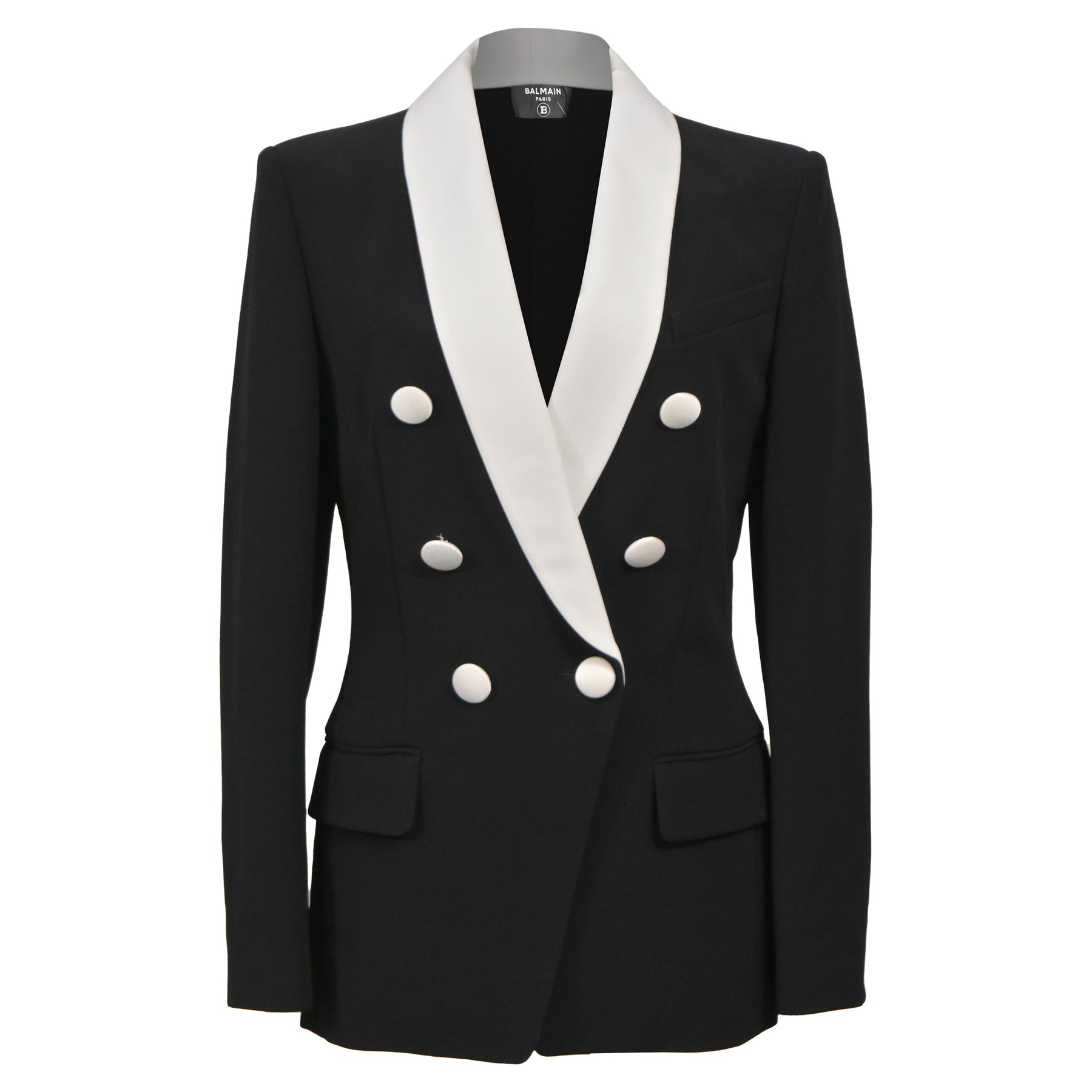 Balmain Zweireihiger Schalkragen Blazer aus schwarzer und weißer Wolle Viskose