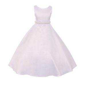 kleine Mädchen weiß a- Linie Satin Perle trim Blumenmädchen Kleid 4-6