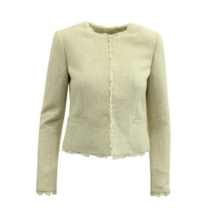 Alice + Olivia Tweed Jacke mit Frayed Besatz aus Elfenbein Baumwolle