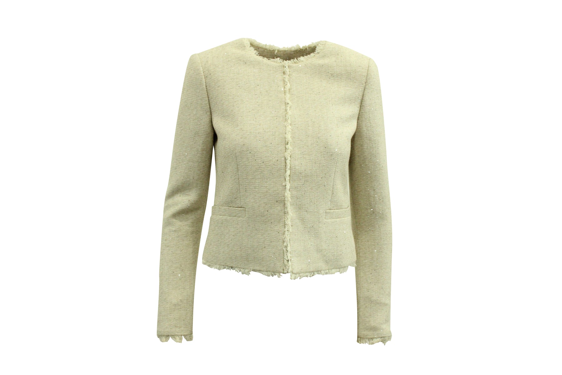 Alice + Olivia Tweed Jacke mit Frayed Besatz aus Elfenbein Baumwolle