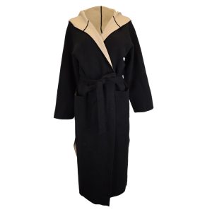 Max Mara Pavidi lange Kapuzen-Wrap-Mantel in schwarz und nackt Wolle – 7833691684924