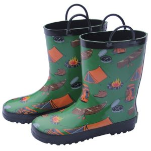 Jungen grün camping drucken ziehen auf Griff Gummi regen Stiefel 11-3 Kinder