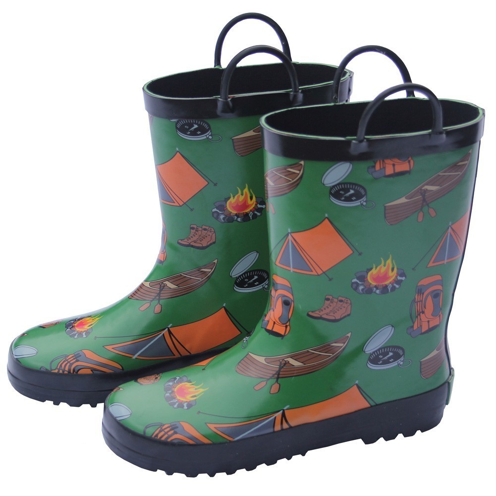 Jungen grün Camping Muster Pull On Griff Gummi Regen Stiefel 11-3 Kinder