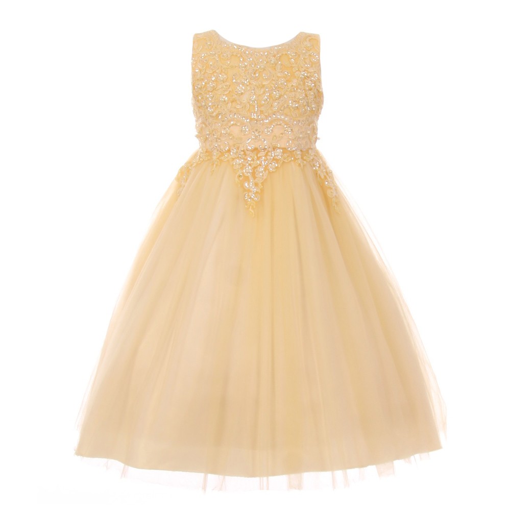 Kleine Mädchen Champagner Perle Pailletten verziert Satin Tüll Blumenmädchen Kleid 4-6