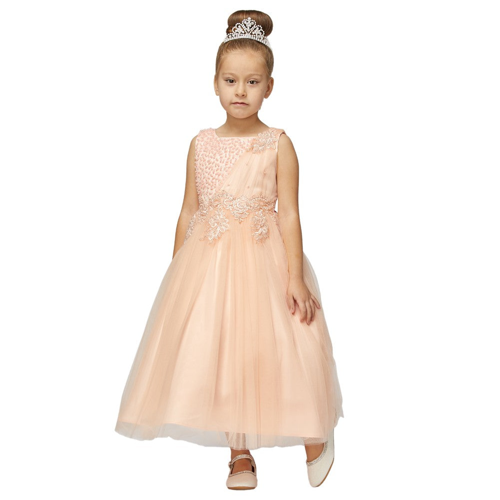 Kleine Mädchen Creme Perle Perlen gewickelt Spitze Satin Tüll Blumenmädchen Kleid 4-6